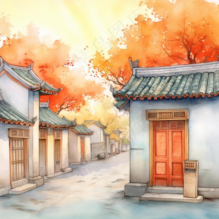 秋季胡同里古代建筑庭院水彩画水墨画素材(1024x1024)