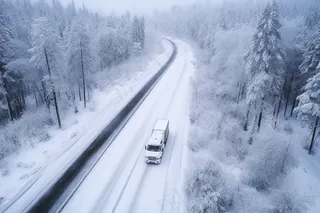 冬季雪山公路行驶的货车摄影图