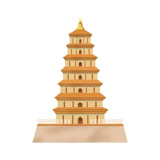 复古中国风国潮古建筑插画手绘高楼古塔PSD素材亭子png免抠图