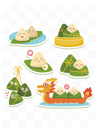 传统节日端午节粽子赛龙舟手绘插画元素