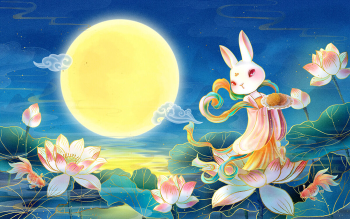 中秋节插画荷花金鱼汉服古装玉兔月饼月亮山水风景中国风背景