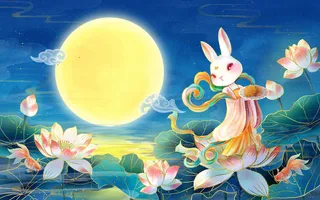 中秋节插画荷花金鱼汉服古装玉兔月饼月亮山水风景中国风背景