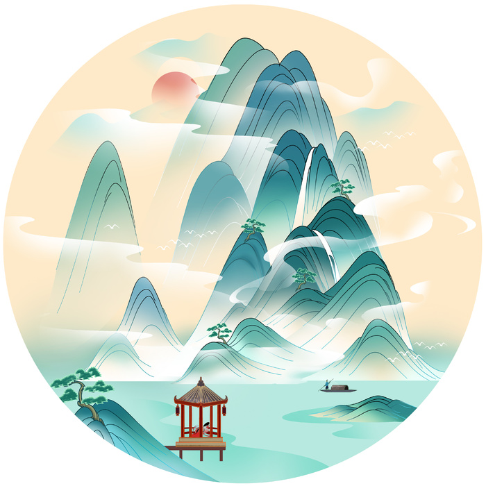 圆形古风山水psd模版下载