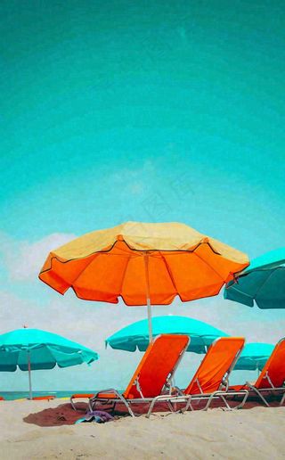 夏日沙滩椅阳光灿烂，夏季暑期海边小暑大暑夏至