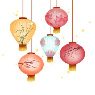中国风 手绘 卡通元素 传统 复古红 灯笼装饰 PNG 免抠 