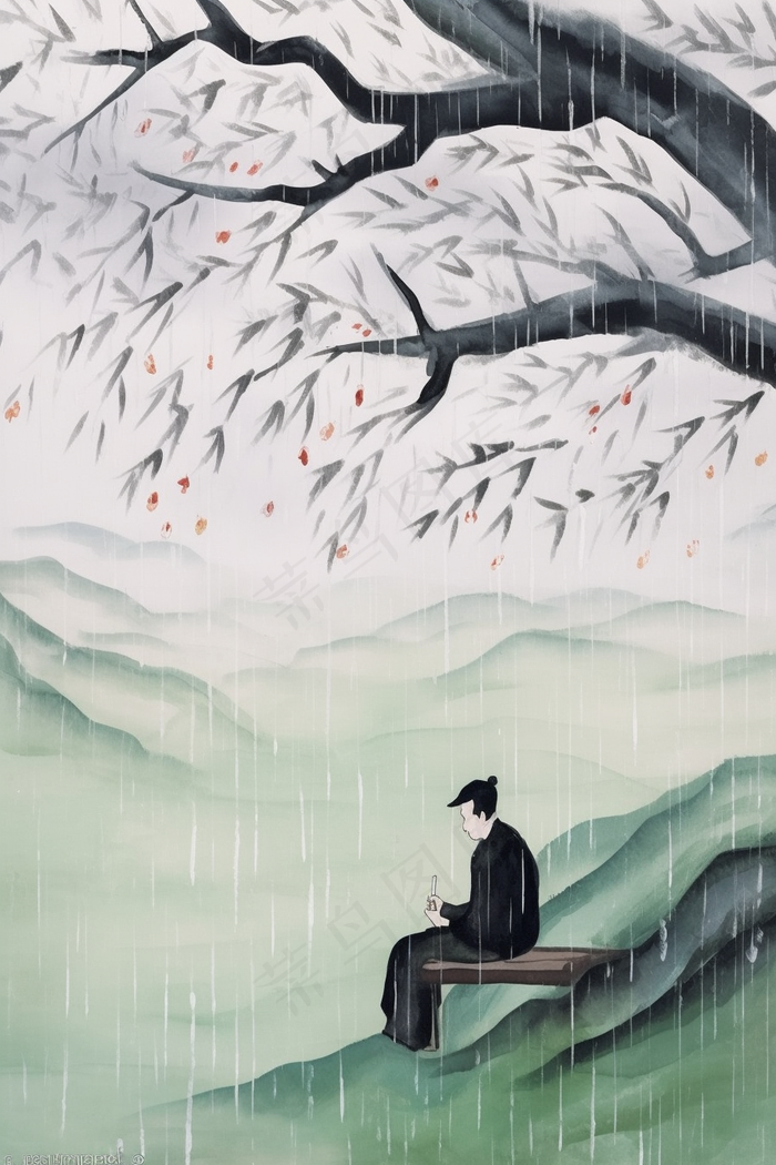 中国风水墨画雨天插画(2688x4032)
