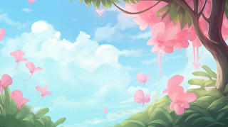 蓝天白云粉色花树花瓣卡通插画素材