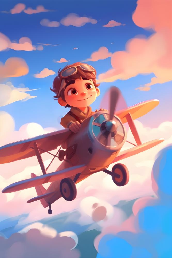 天空遨游飞机人物云朵晚霞插画背景(3584x5376)