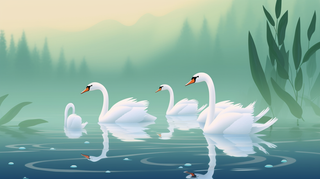 白天鹅在湖里游曳觅食绿色卡通插画