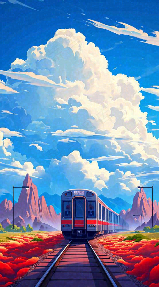 蓝天白云交通高铁铁路火车，草坪鲜花彩色插画(816x1472)