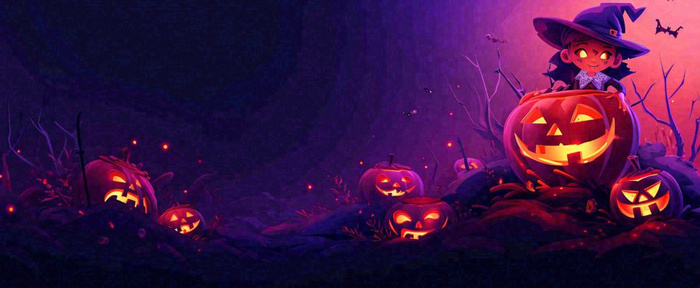 万圣节紫色黄南瓜黑色恐怖，疯狂奇幻鬼屋(1712x704)