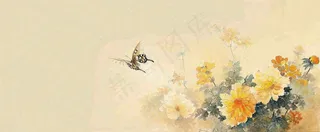 温馨纹理橙色花朵鲜花蝴蝶意境唯美渐变，中国风