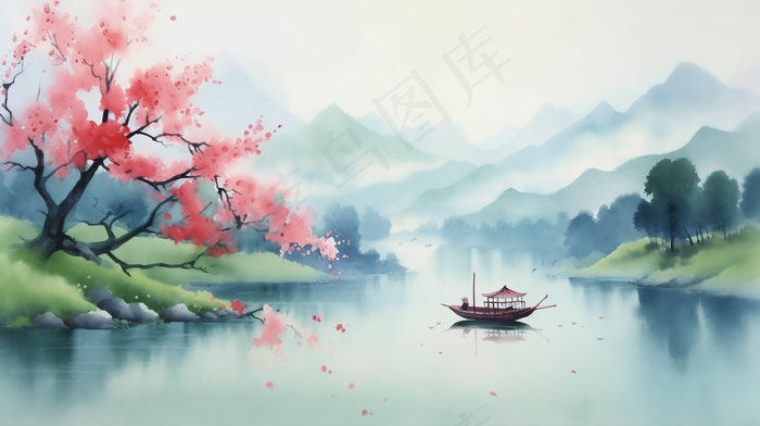 江南水乡水墨画山水船桃花插画(4368x2448)