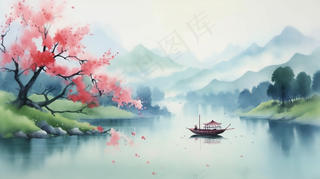 江南水乡水墨画山水船桃花插画