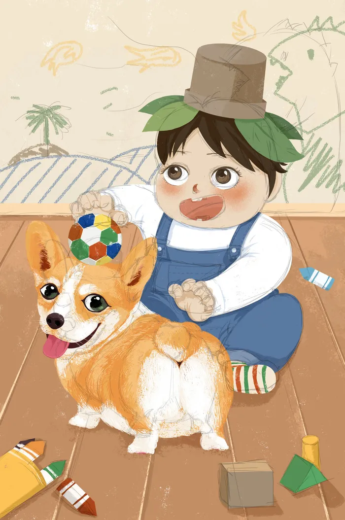 卡通儿童狗狗绘画PSD素材