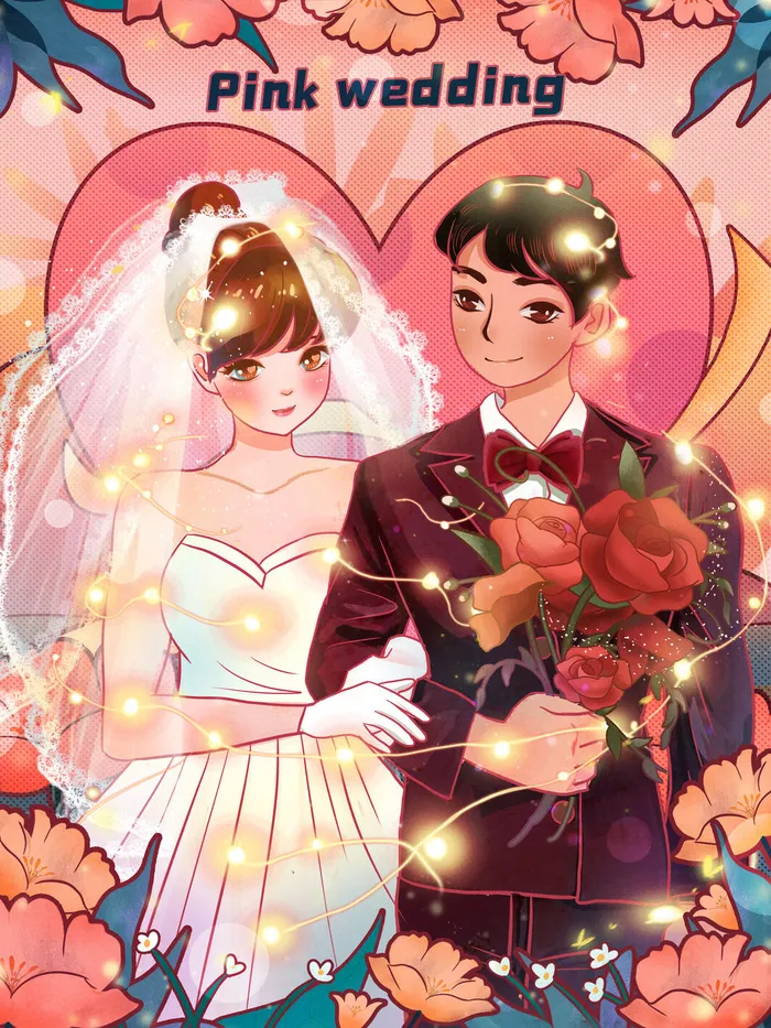 浪漫爱情婚纱卡通绘画PSD素材psd模版下载