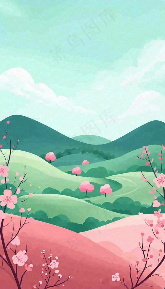 春天卡通手绘绿色的山景和开满粉红色画的树，春游，踏青，春分(832x1456)
