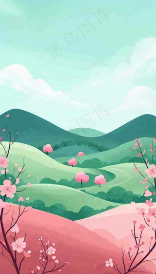 春天卡通手绘绿色的山景和开满粉红色画的树，春游，踏青，春分