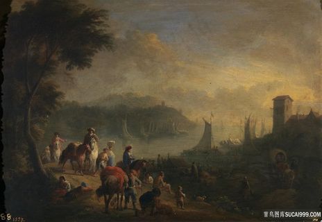 郊外人物风景画油画图片