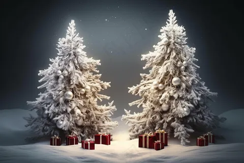 雪地里圣诞树礼盒礼物摄影图  雪地里圣诞树礼盒礼物摄影图