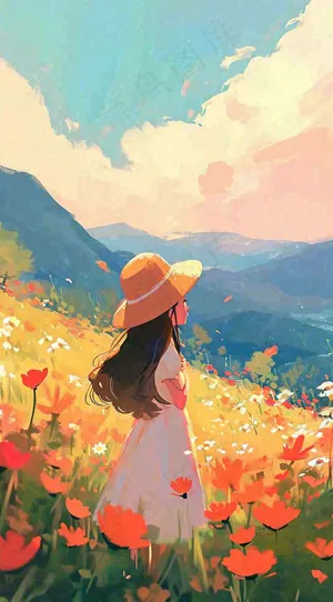 油画女孩春天踏青郊游山脉鲜花草地，春分，插画手绘