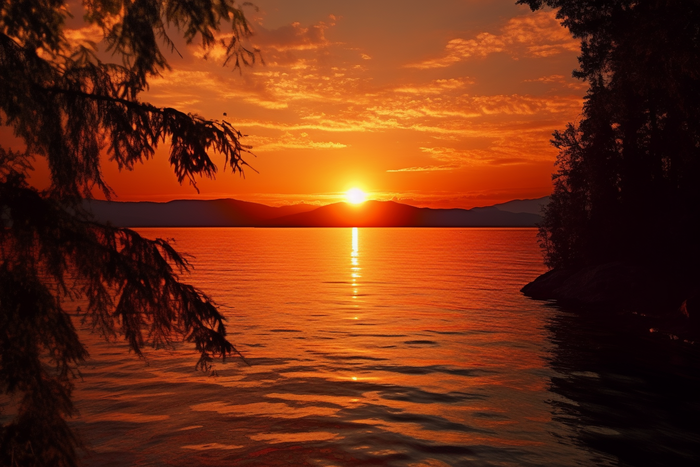 夕阳余晖倒映在湖面上垂下的树枝摄影图