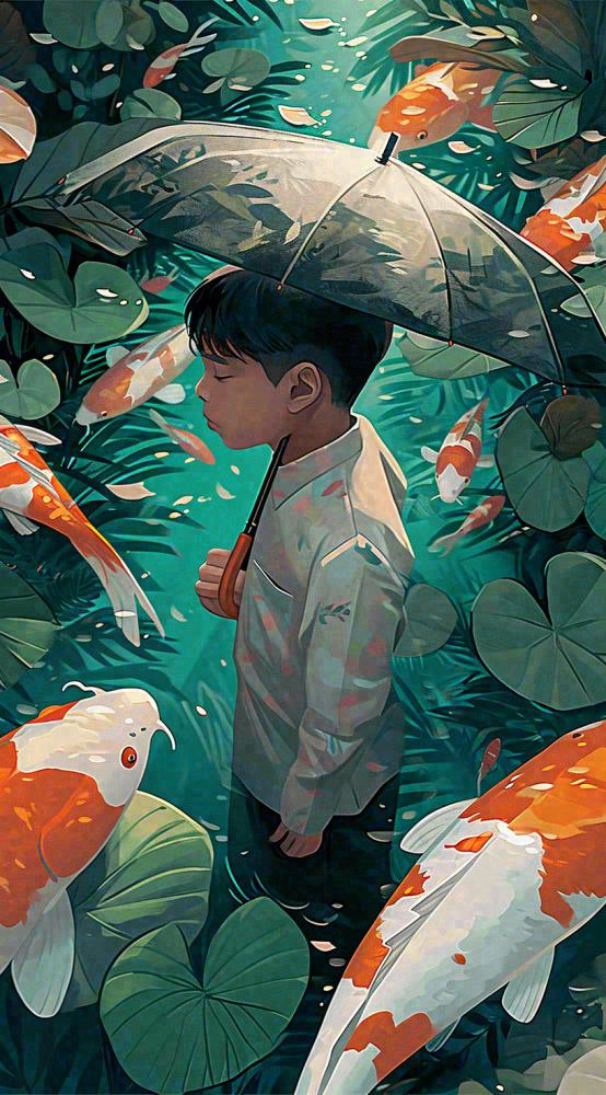 中国风金鱼喝水荷叶少年锦鲤手绘插画(816x1472)