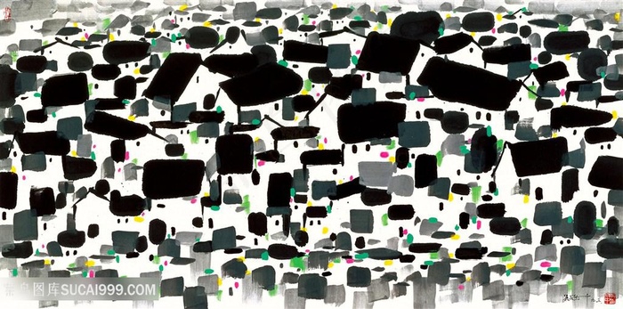 吴冠中手绘乡村建筑美景装饰画