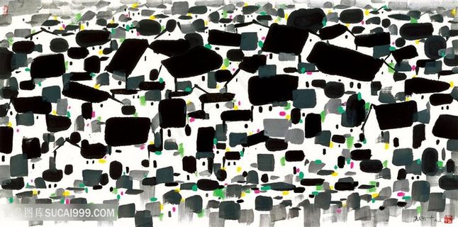 吴冠中手绘乡村建筑美景装饰画