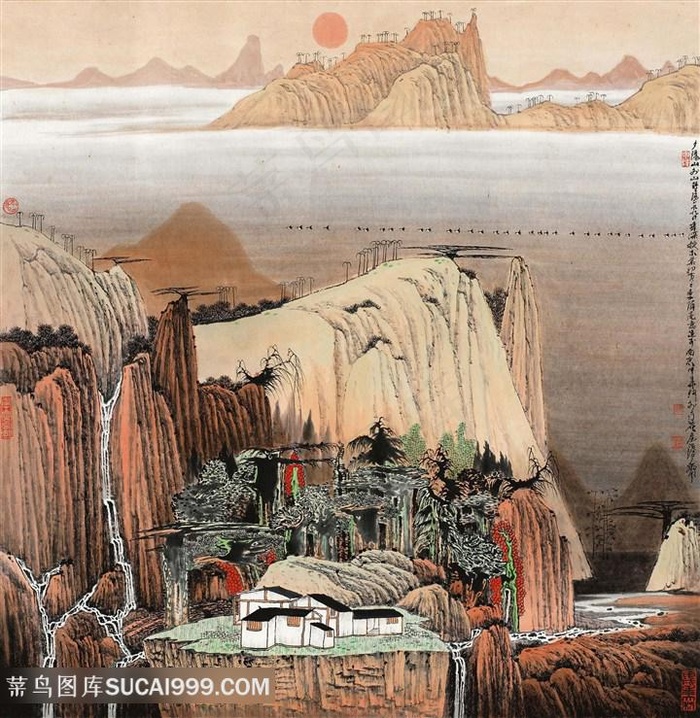 薛亮水墨画湖畔山脉高清中式装饰画