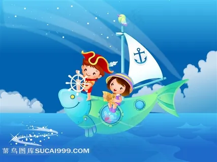 驾驶鱼帆船的儿童精美插画