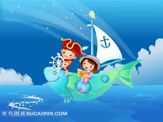 驾驶鱼帆船的儿童精美插画