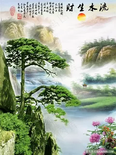 流水生财风景字画高清分辨率喷绘打印办公室挂画素材山水花草 流水生财风景字画高清分辨率喷绘打印办公室挂画素材山水花草