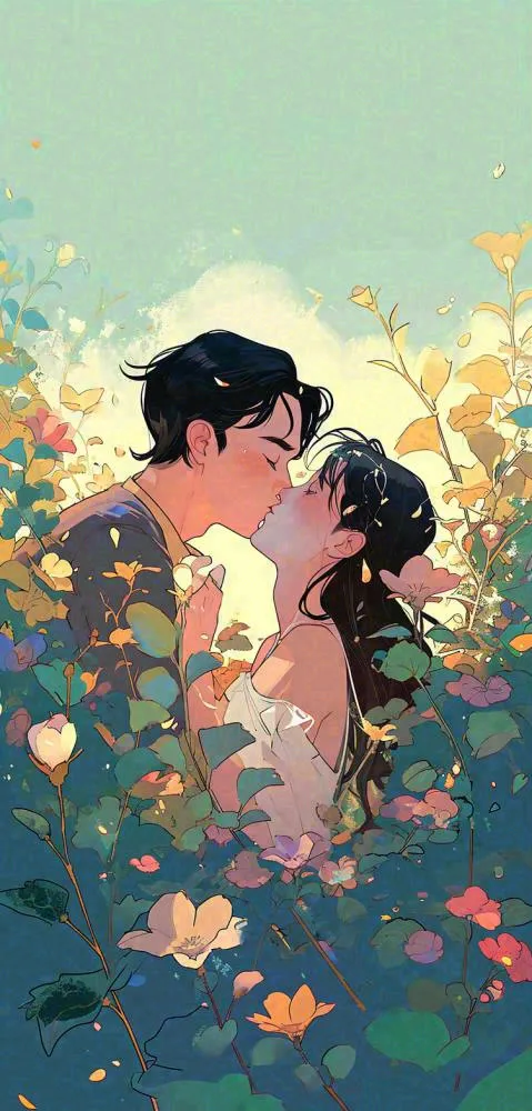 森林花丛里情侣拥抱亲吻爱情手绘插画，情人节(752x1568)
