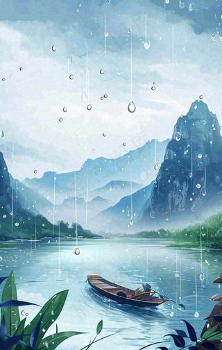 春天雨天湖面山脉小船植物花朵，雨水谷雨