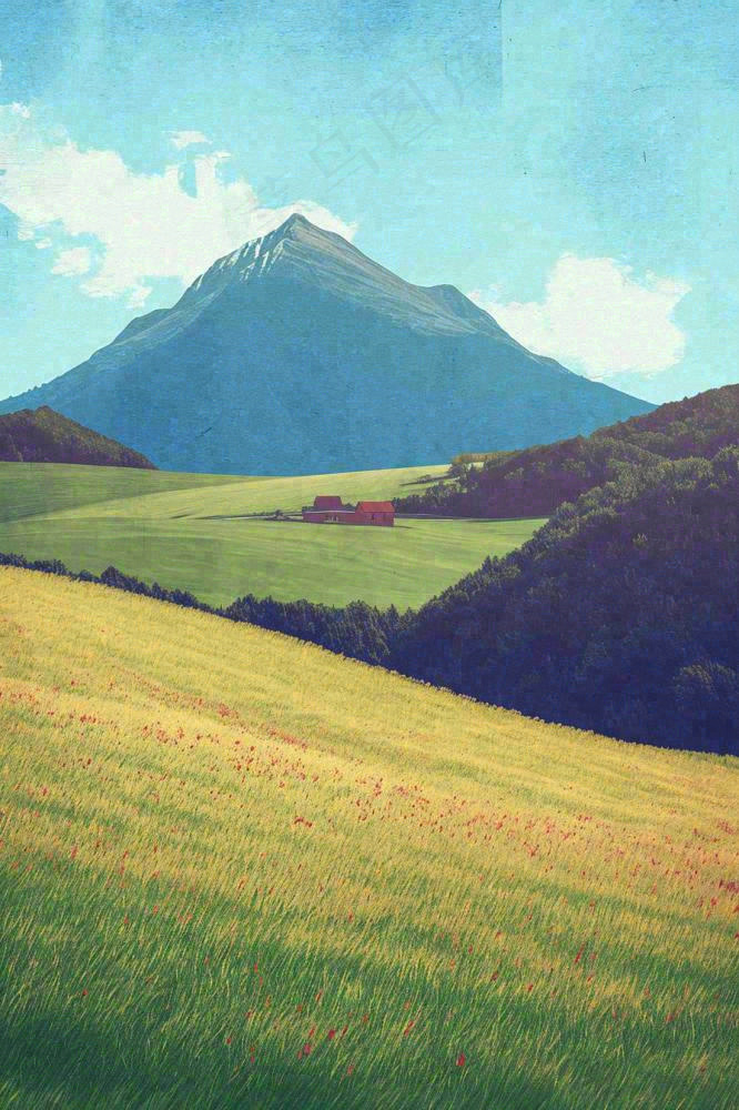 春天郊外绿地草地山脉石头插画手绘，惊蛰春分(896x1344)