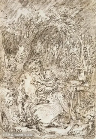 布歇手绘树林情侣装饰画