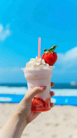 夏天阳光蓝天白云草莓饮料饮品果汁，清新摄影图