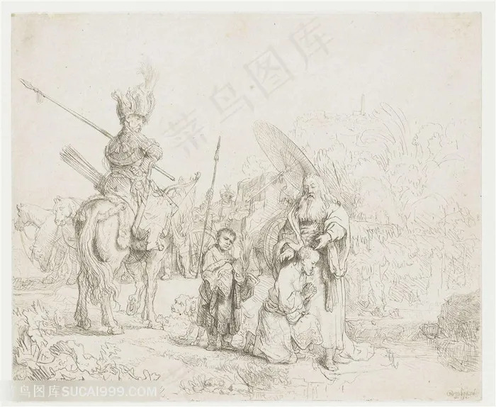 伦勃朗素描线稿骑士装饰画