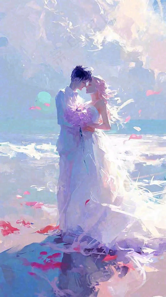 海边爱情情侣浪漫拥抱接吻，情人节婚纱照手绘插画(816x1456)