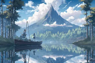 写实风格大场面风景湖泊高山森林插画