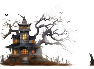 万圣节城堡树枝黑暗恐怖插画免抠