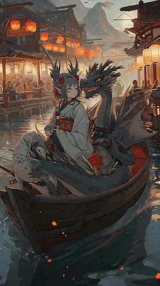 古风恐怖怪兽龙河面灯笼建筑插画，暗黑