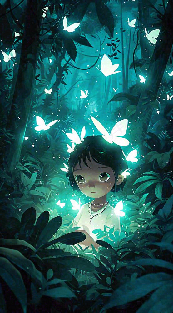 森林意境儿童少女灯光蝴蝶手绘插画，丛林树木