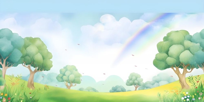 春天蓝天白云彩虹树林草坪手绘插画风景海报素材背景(6144x3072)