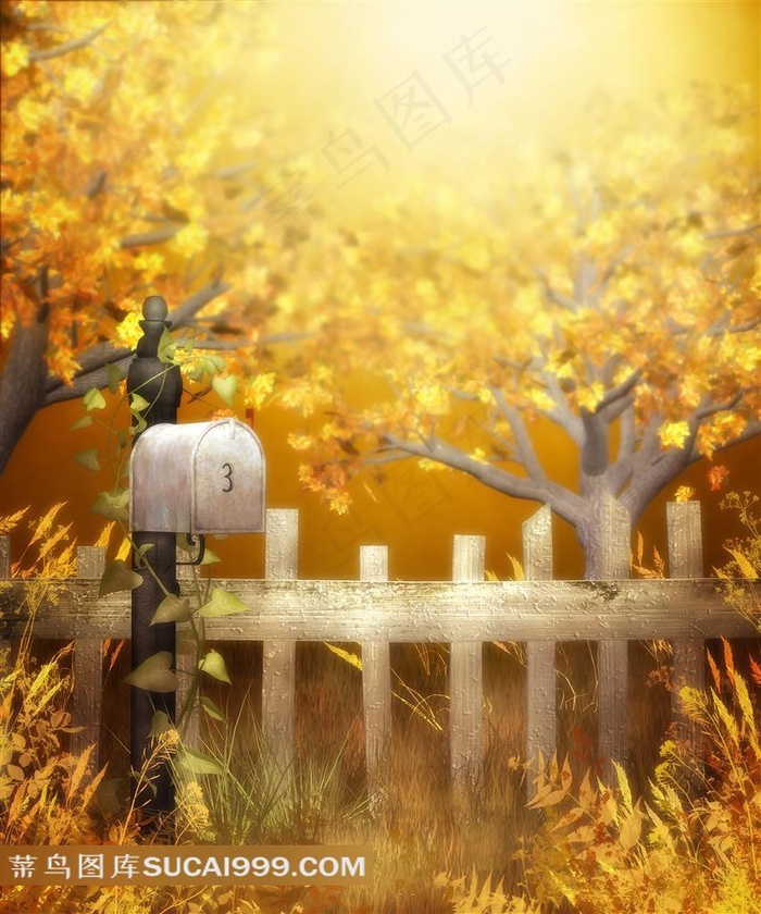 唯美秋天栅栏大树图