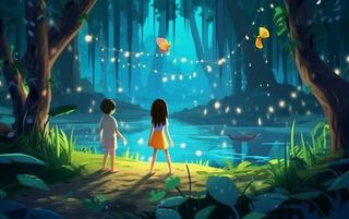 夜晚森林萤火虫蝴蝶插画背景