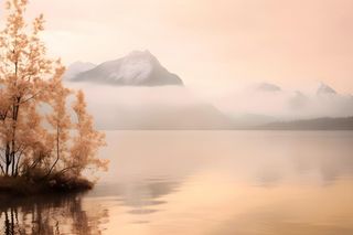 落日雪山云层河面背景