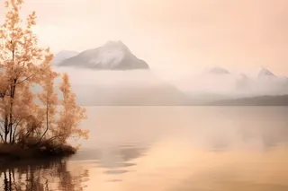 落日雪山云层河面背景