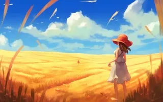 秋天麦田里的女孩背影插画背景